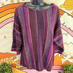{Chaps} Boho 90’s ‘Drug Rug’ Hippie Striped Knit Sweater, Baja Retro Chic Purple